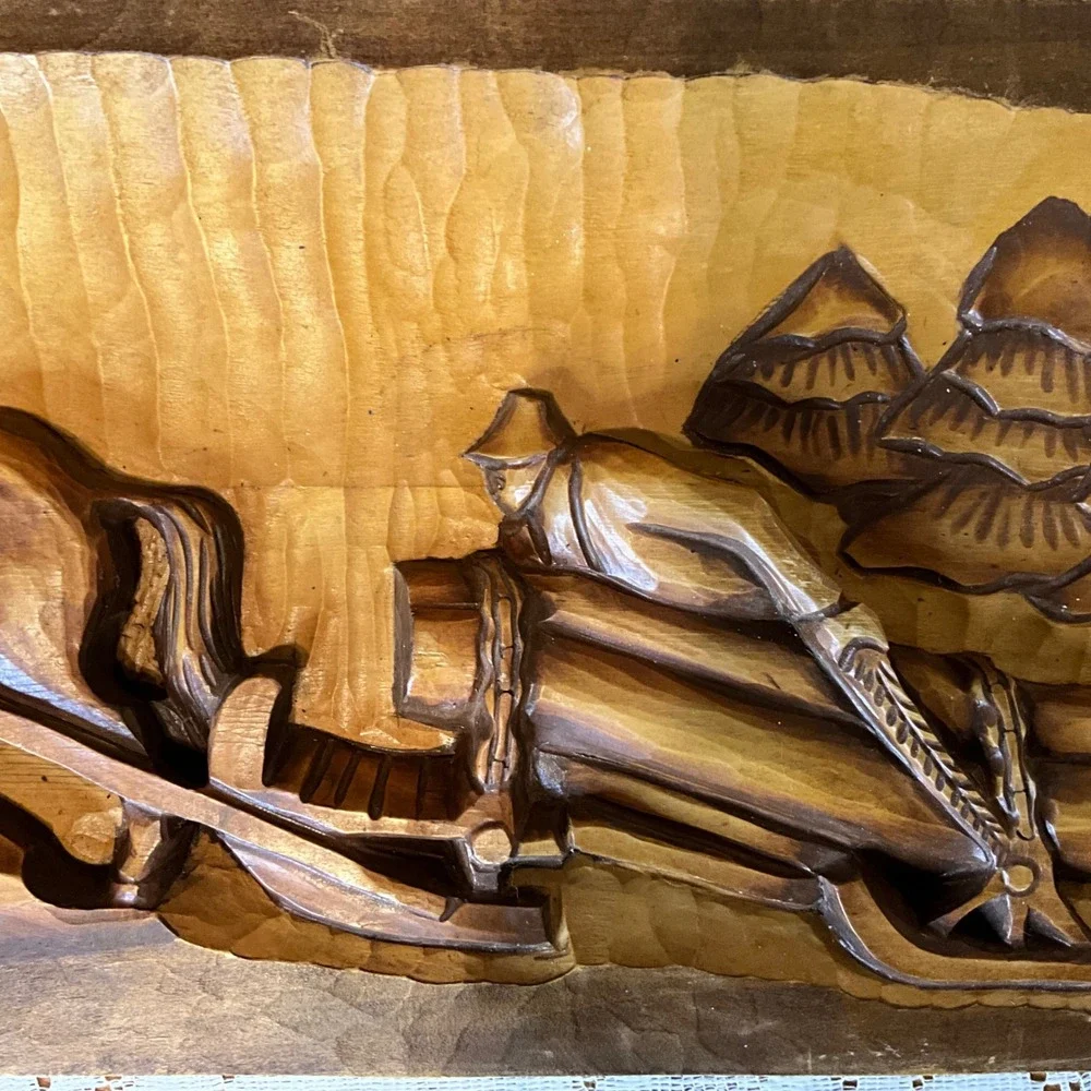 Vintage Hand Carved Wood‎ Relief Plaque Horse Sled Logger Cottagecore Rustic